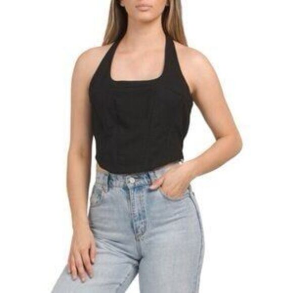 Hunter & Brown NWT Women's Denim Square Neck Halter Smocked Back Crop Top M - Picture 1 of 6